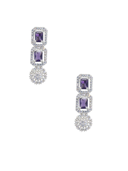 Rhodium Plated Floral Purple AD Trendy Drop Earrings