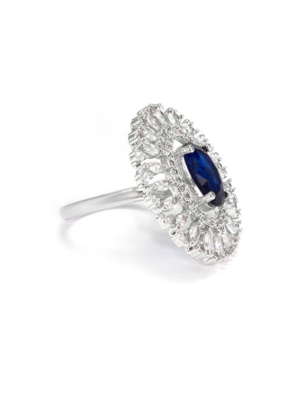 Rhodium Plated Blue American Diamond Oval Shaped Adjustable Finger Ring