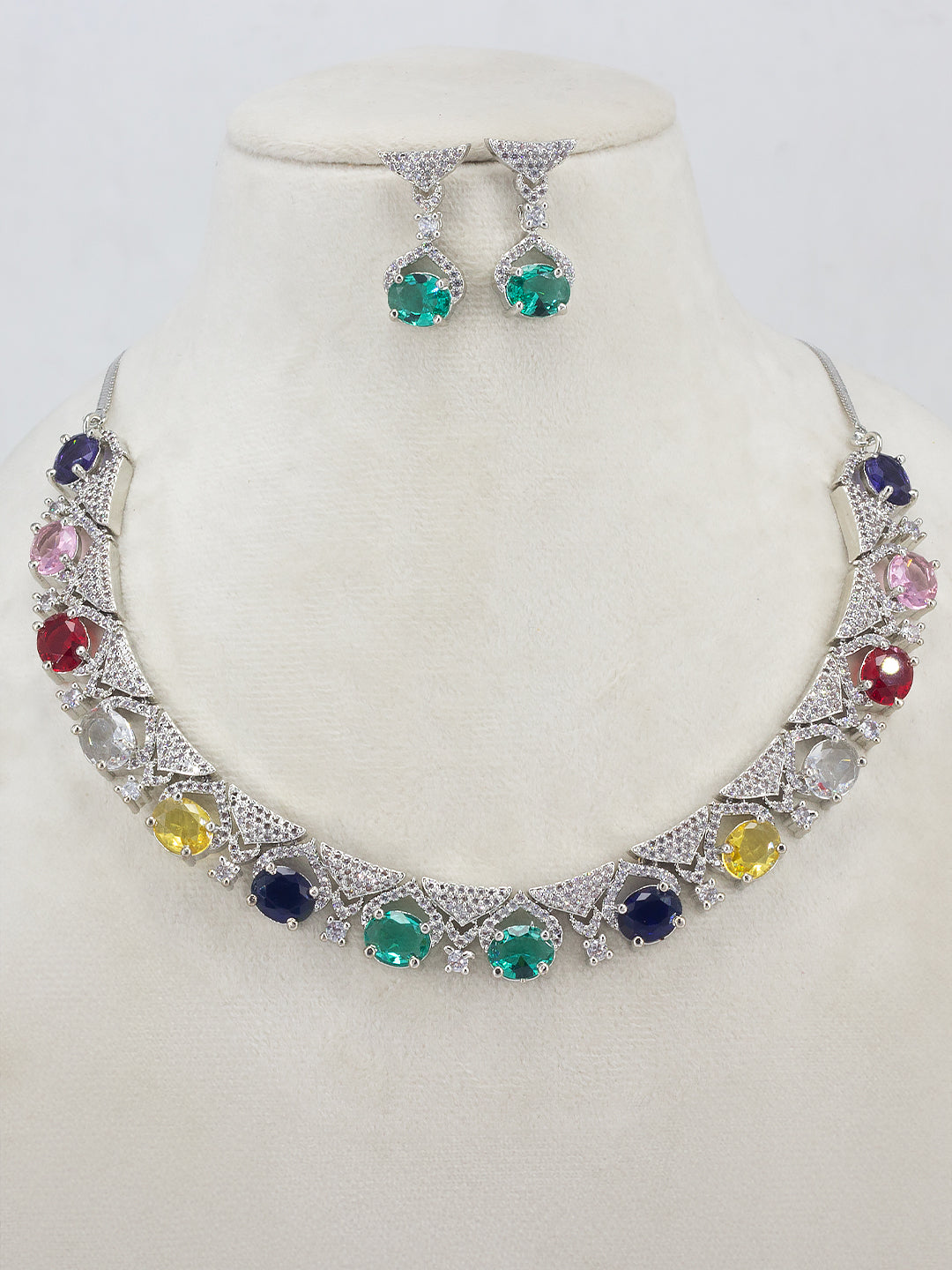 Rhodium-Plated Multi Color American Diamond Premium Jewellery Set