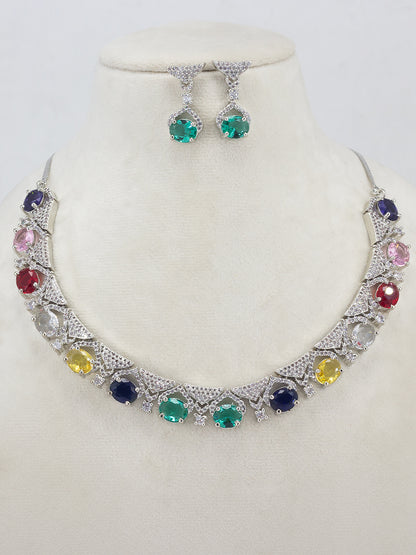 Rhodium-Plated Multi Color American Diamond Premium Jewellery Set