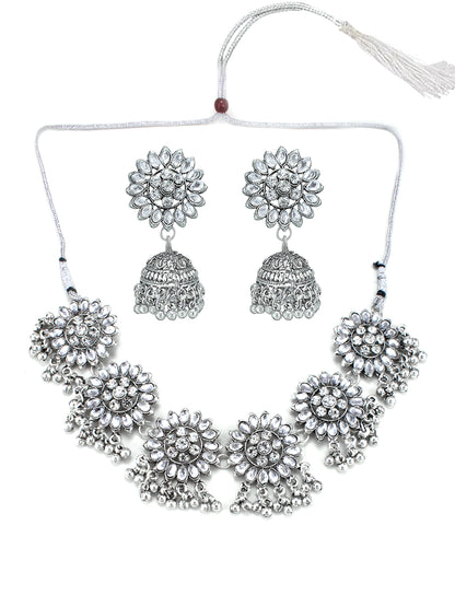 Silver-Oxidised Floral Stone & Beades Studded Jewellery Set