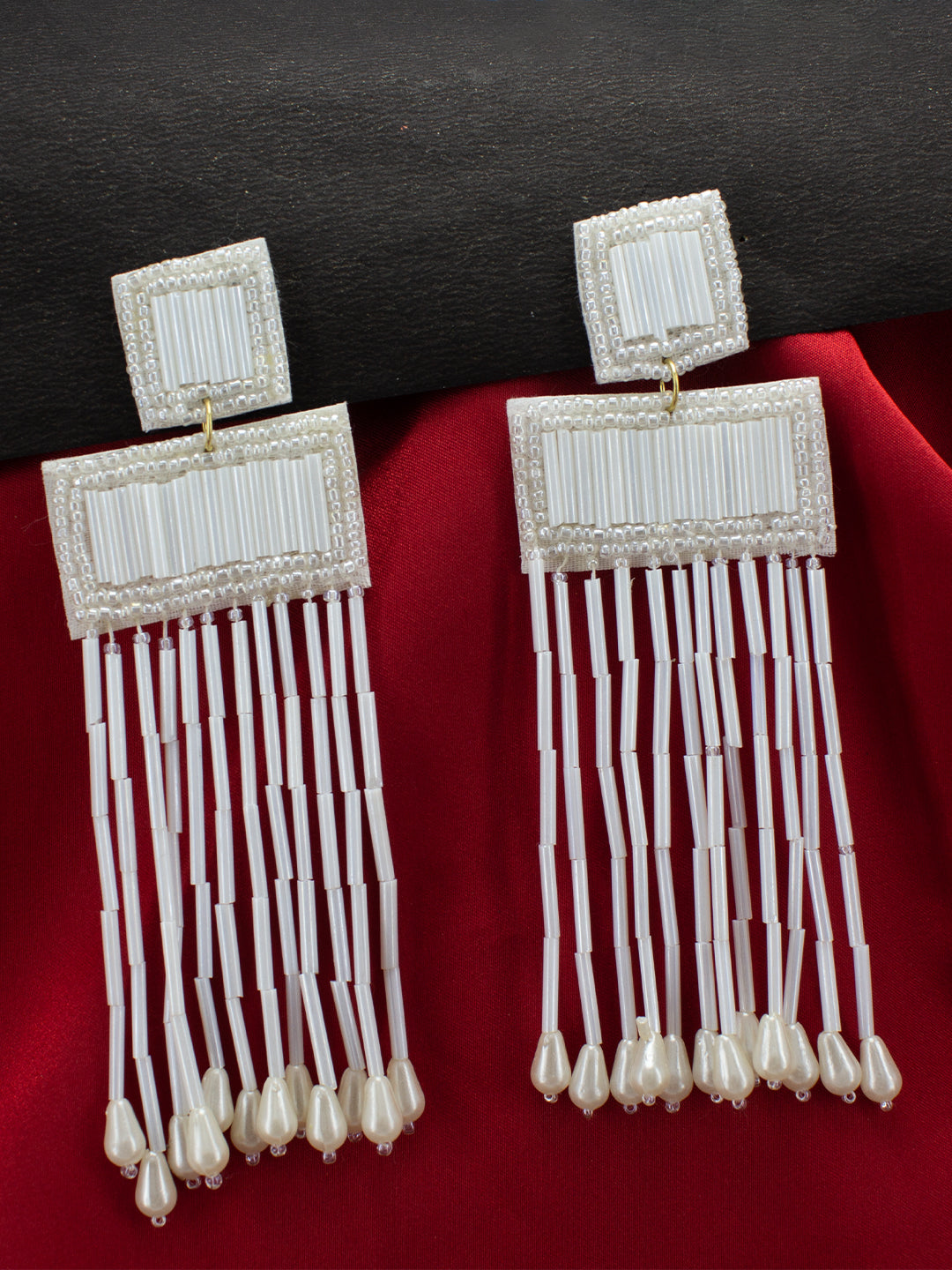 White Beaded Square Shaped Drop Earrings