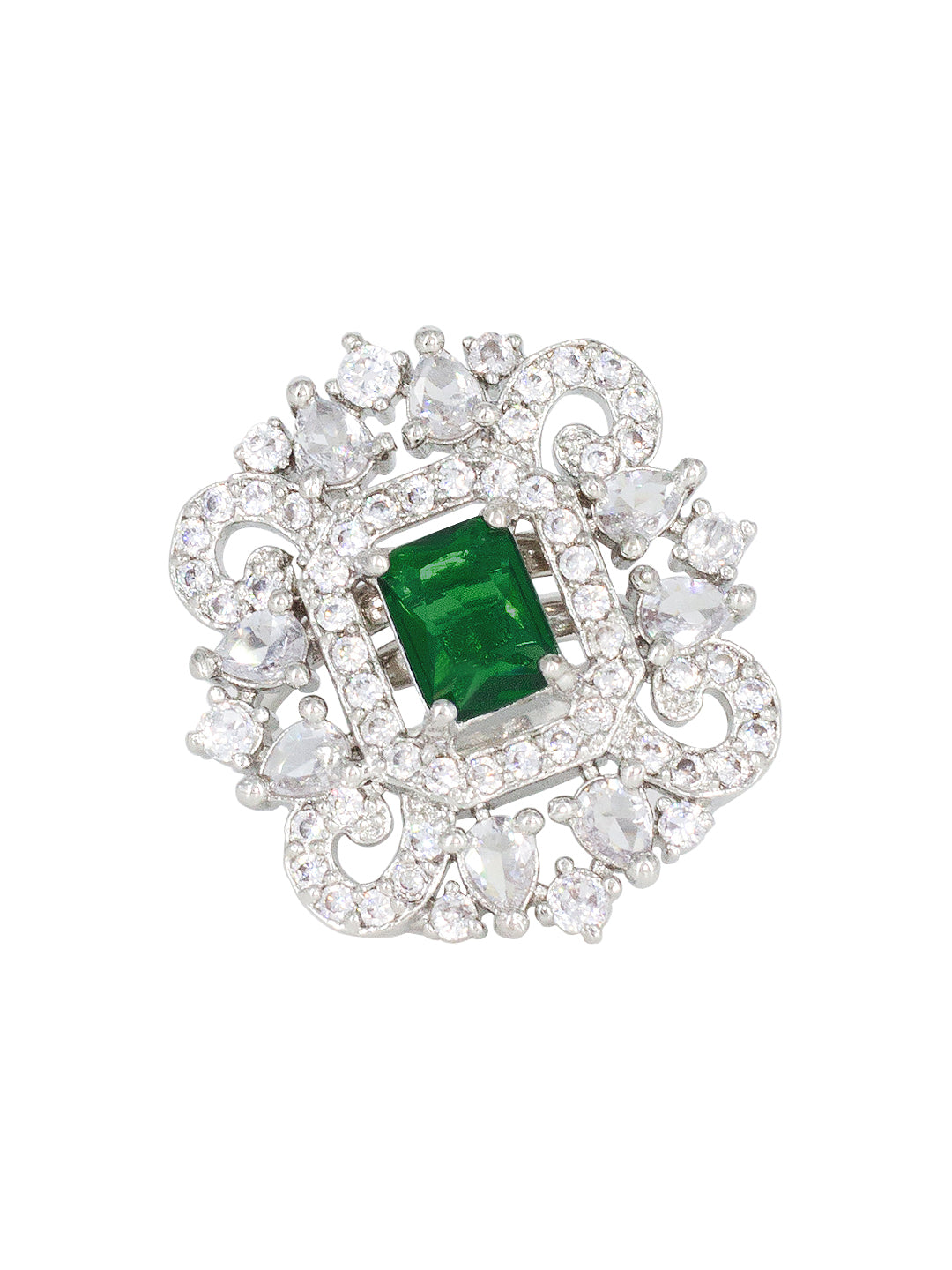 Rhodium Plated Green American Diamond Vintage Adjustable Finger Ring