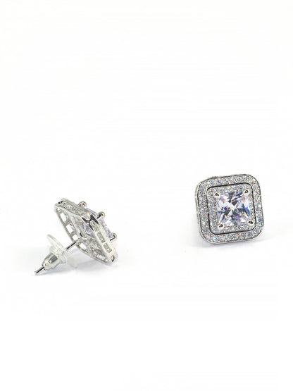 Rhodium Plated Square Shaped American Diamond Earrings