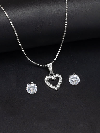 Silver Plated CZ Studded Heart Shaped Pendant & Studs Set