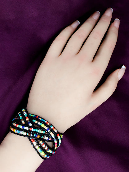 Black Multi-Coloured Beaded Cuff Bracelet