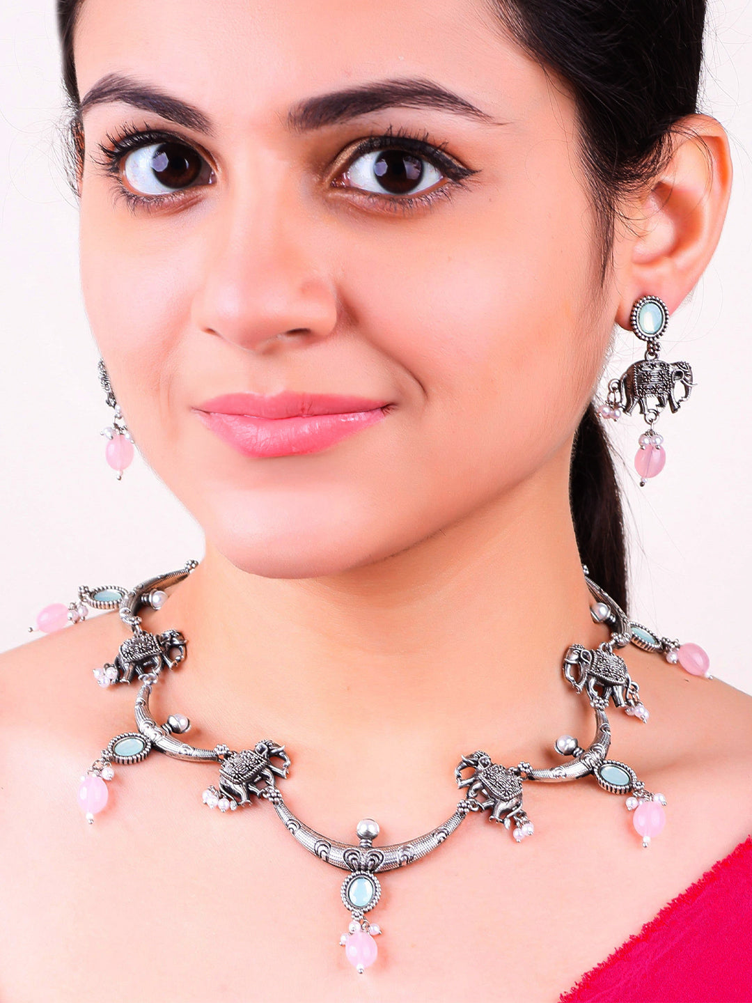 Silver-Plated Elephant Stones-Studded & Beaded Oxidised Jewellery Set