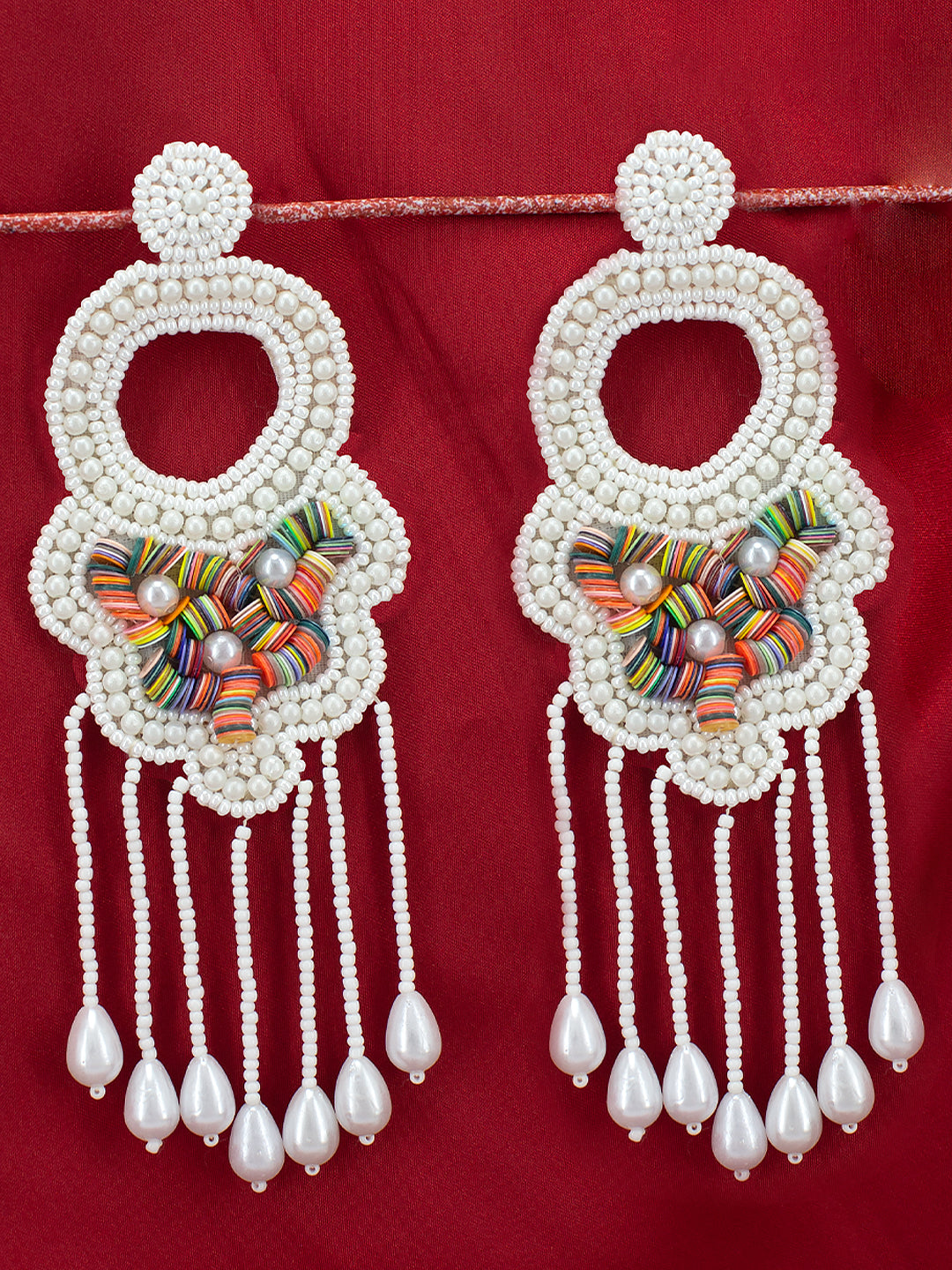 White Beaded Tasselled Big Drop Earrings