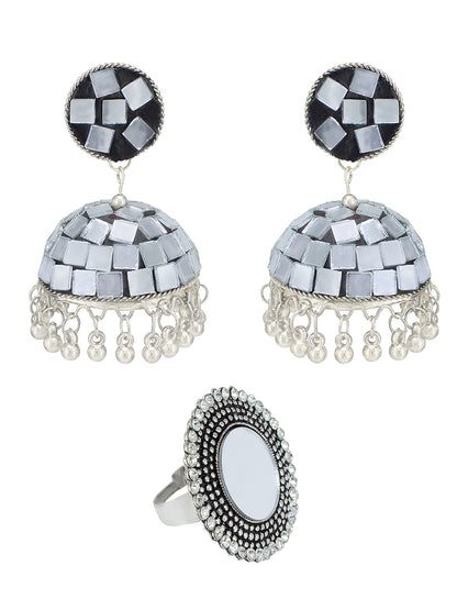 Silver Mirror Studded Bohemian Jhumka Earrings With Ring