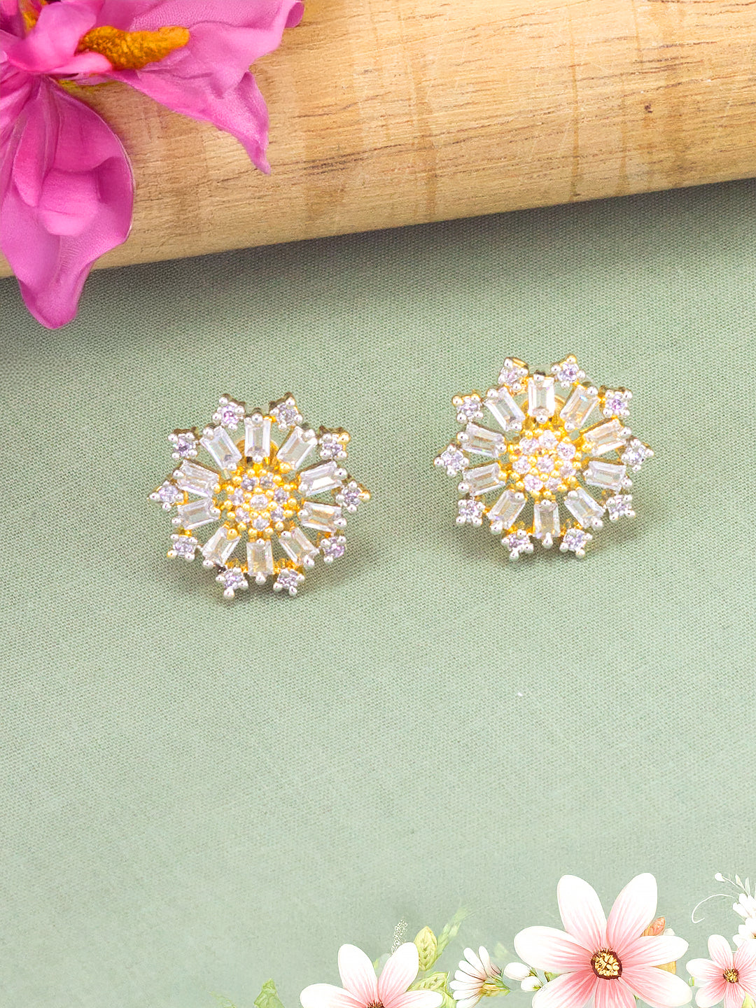 Gold Plated Floral Trendy American Diamond Stud Earrings