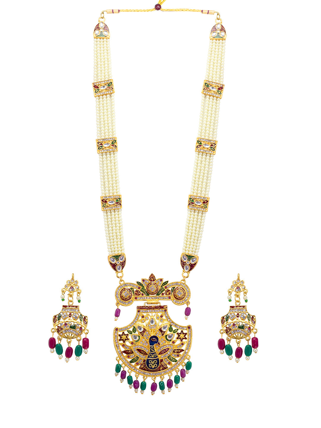 Gold-Plated Stone Studded & Beaded Necklace & Earring Set