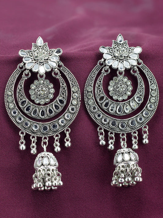 Silver Oxidised Mirror Studded Chandbali Jhumka Earrings