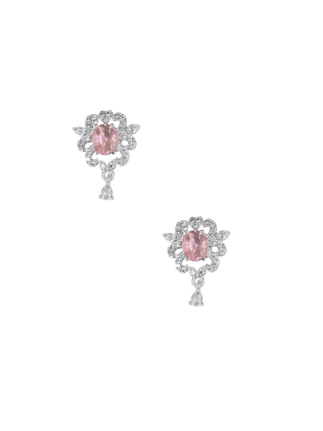 Rhodium Plated Pink Oval Shaped American Diamond Studded Pendant Set