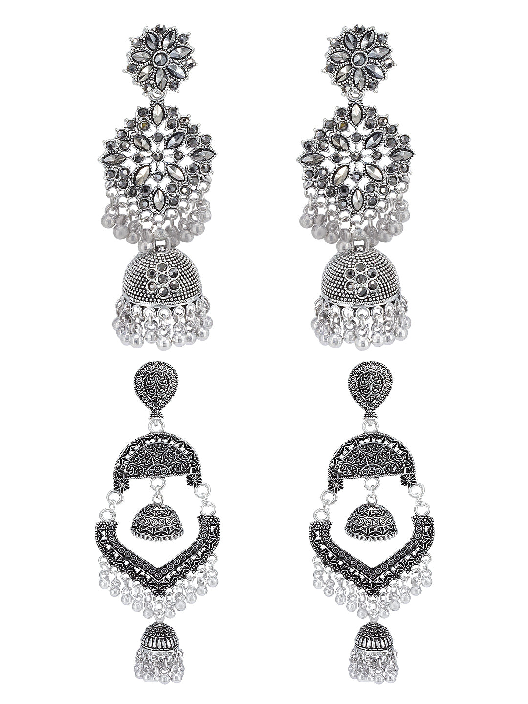 Pack Of 2 Silver-Oxidised Contemporary Artificial Stones Studded Jhumkas