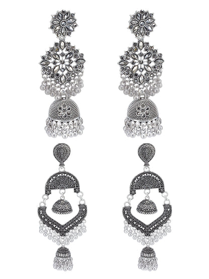 Pack Of 2 Silver-Oxidised Contemporary Artificial Stones Studded Jhumkas