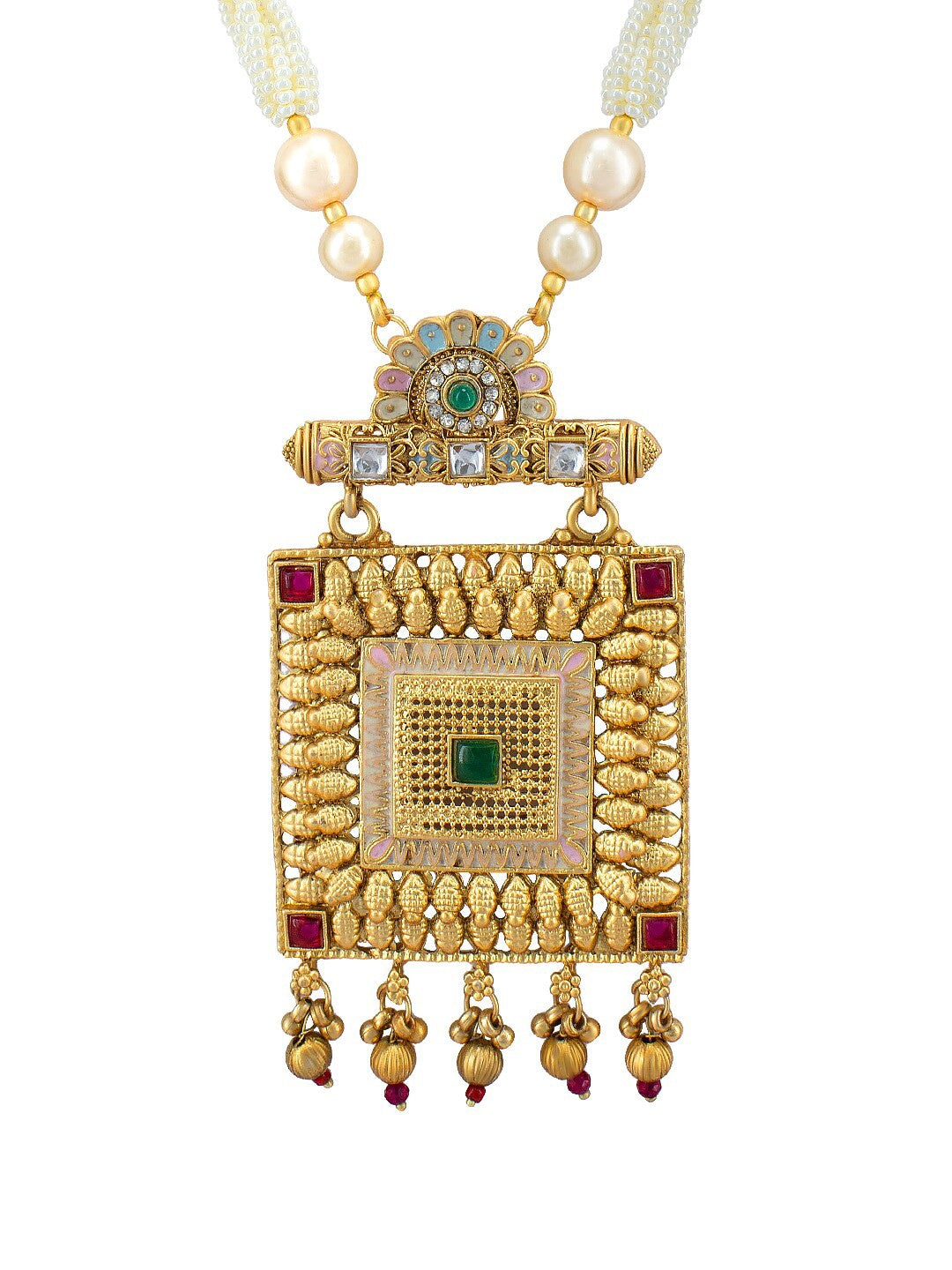 Gold-Plated Artificial Stones-Studded & Beaded Necklace And Earrings