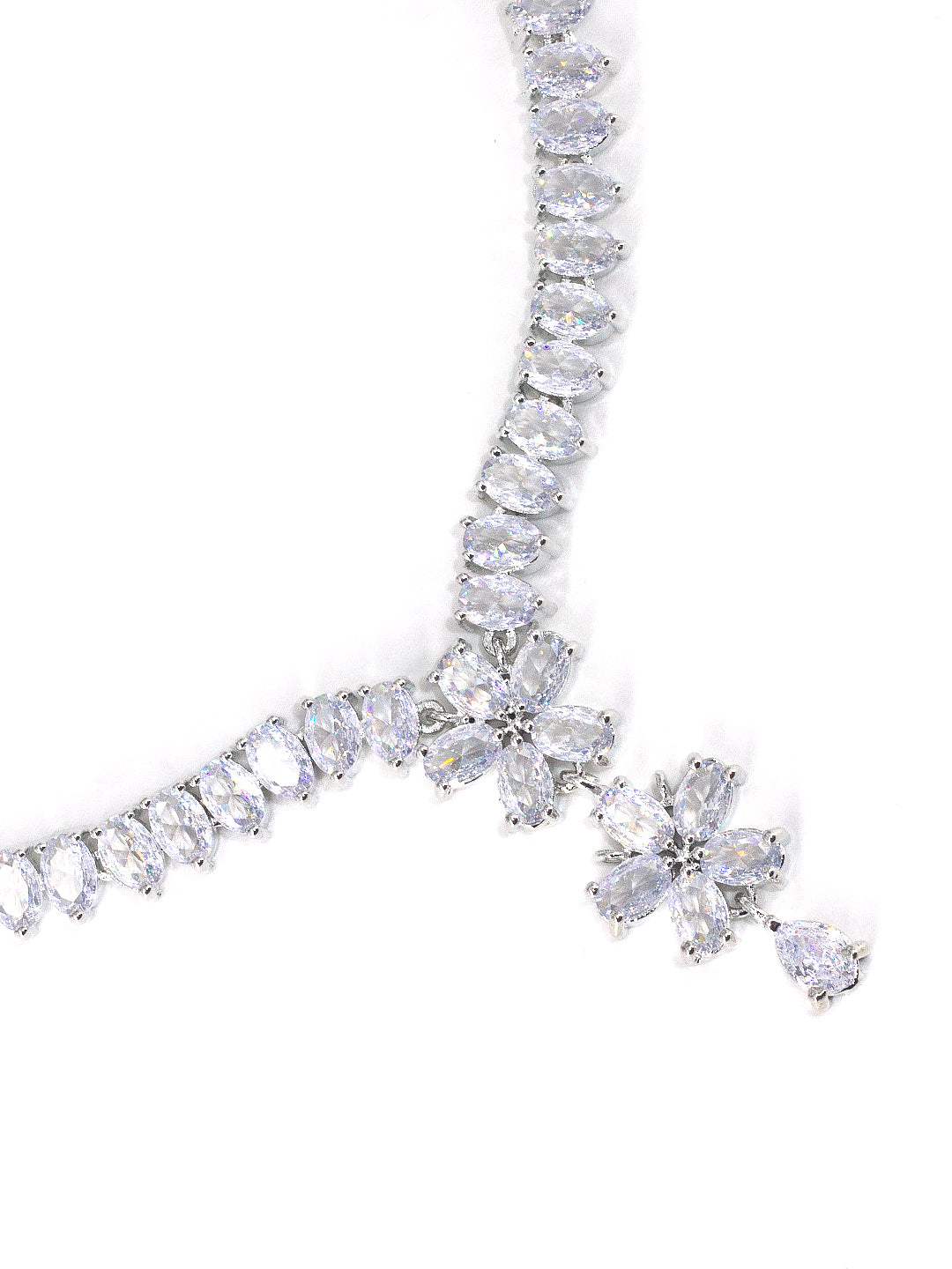 Rhodium Plated American Diamond Floral Drop Jewellery Set