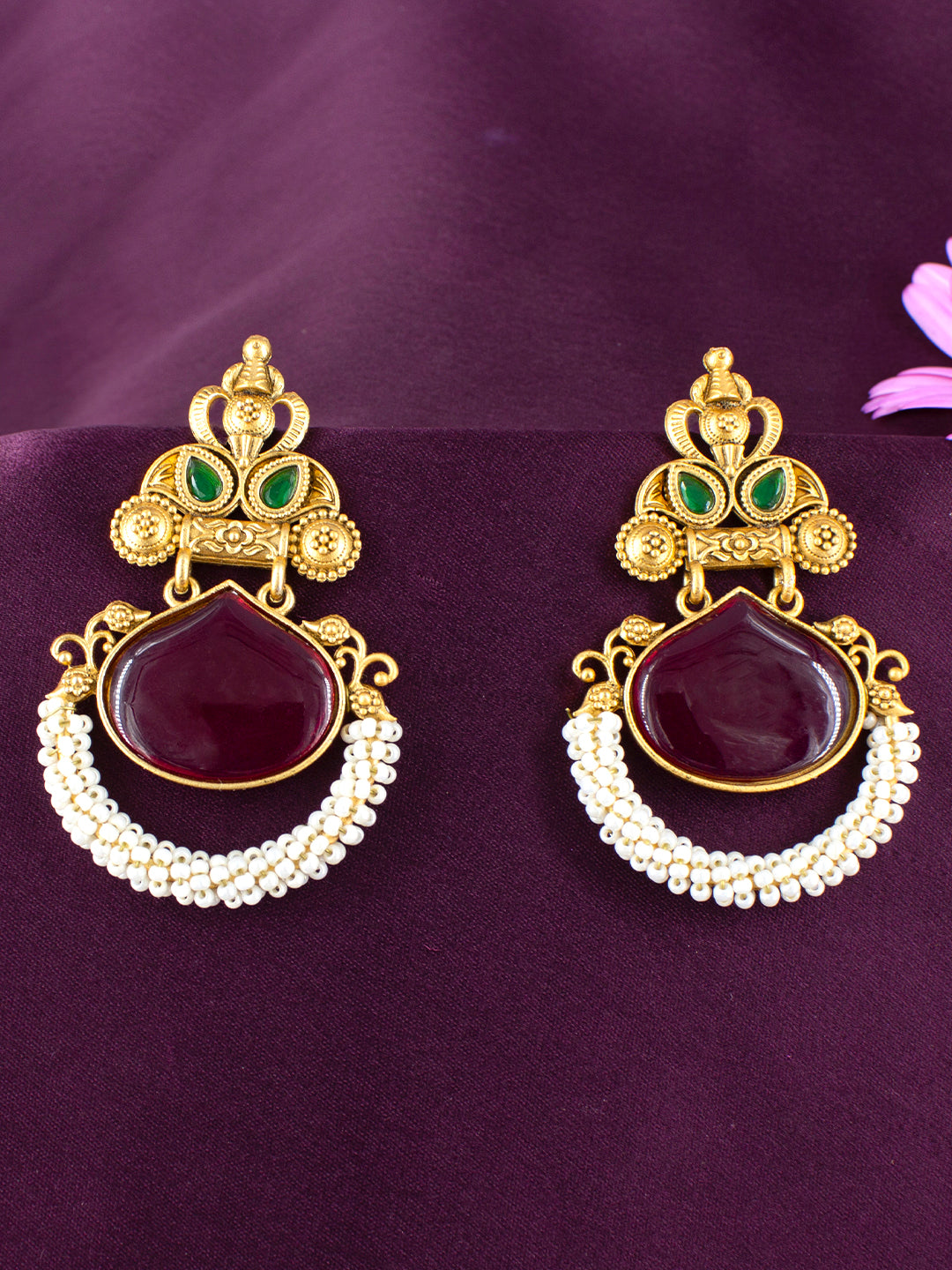 Gold-Plated Kundan Studded Contemporary Drop Earrings