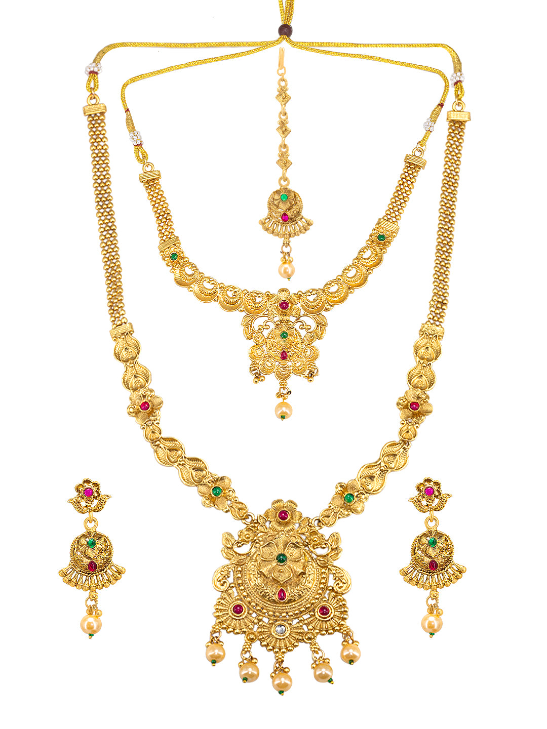 Gold Plated Long & Short Necklace Kundan Studded Temple Jewellery Set