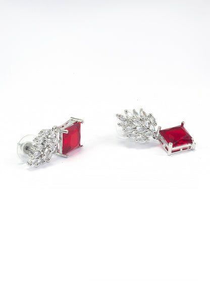 Rhodium Plated Red American Diamond Drop Earrings