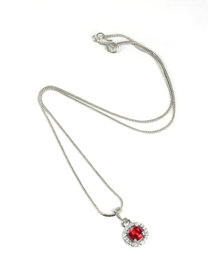 Rhodium Plated Red American Diamond Studded Pendant & Earring Set