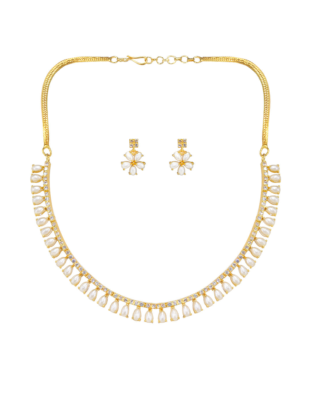 Gold Plated American Diamond & Faux Pearls Floral Jewellery Set