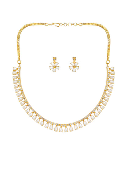 Gold Plated American Diamond & Faux Pearls Floral Jewellery Set