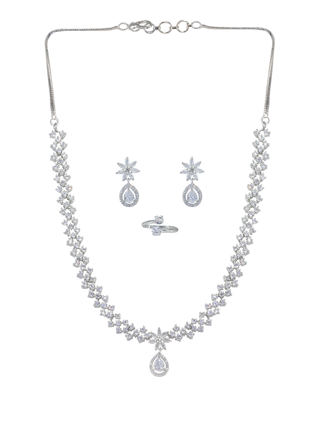 Rhodium Plated American Diamond Floral Drop Jewellery Set