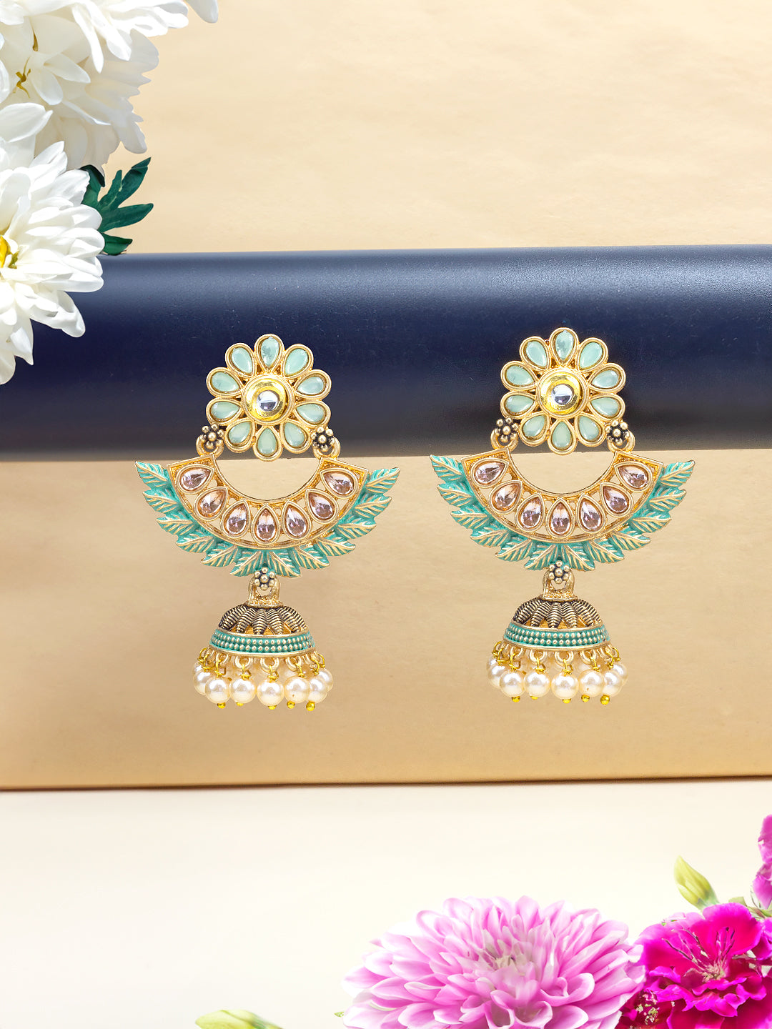 Gold Plated Green Floral Jhumka Earrings