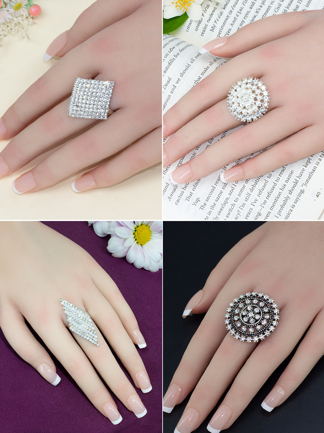 Set of 5 Silver Plated Artificial Stones Round & Rhombus Shaped Adjustable Finger Rings