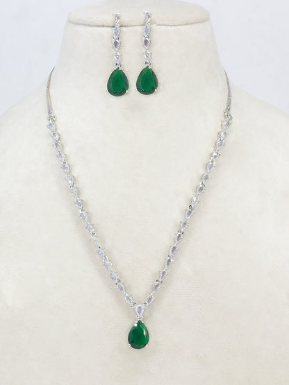 Rhodium Plated Green American Diamond Drop Trendy Jewellery Set