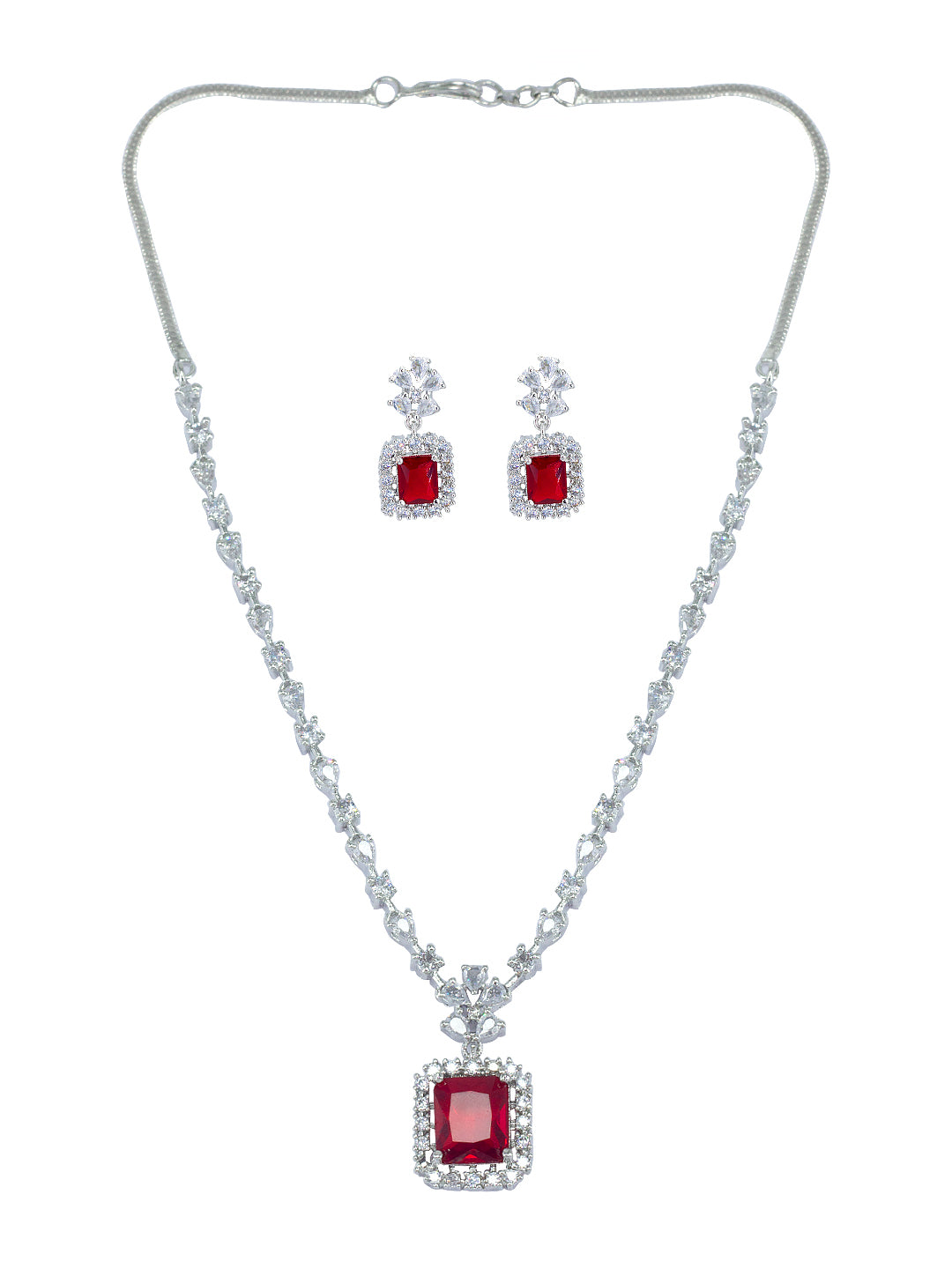 Rhodium Plated Red Square American Diamond Jewellery Set