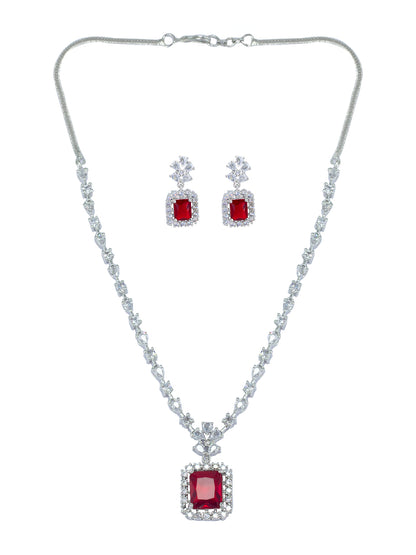 Rhodium Plated Red Square American Diamond Jewellery Set