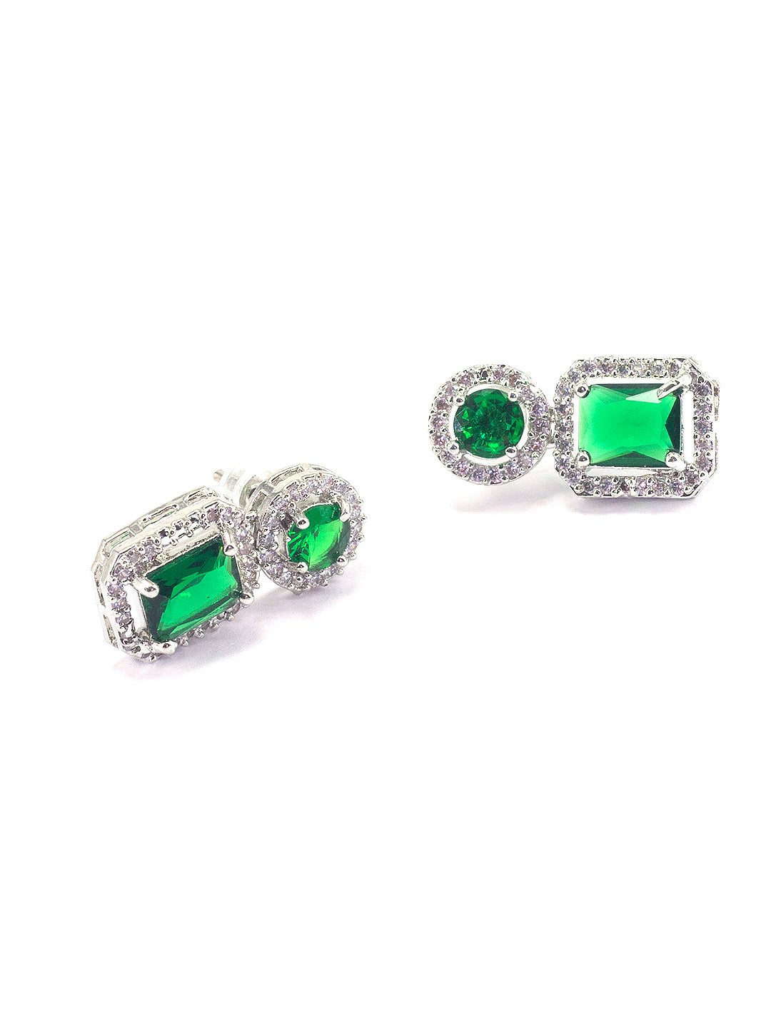 Rhodium Plated Green American Diamond Square Drop Earrings