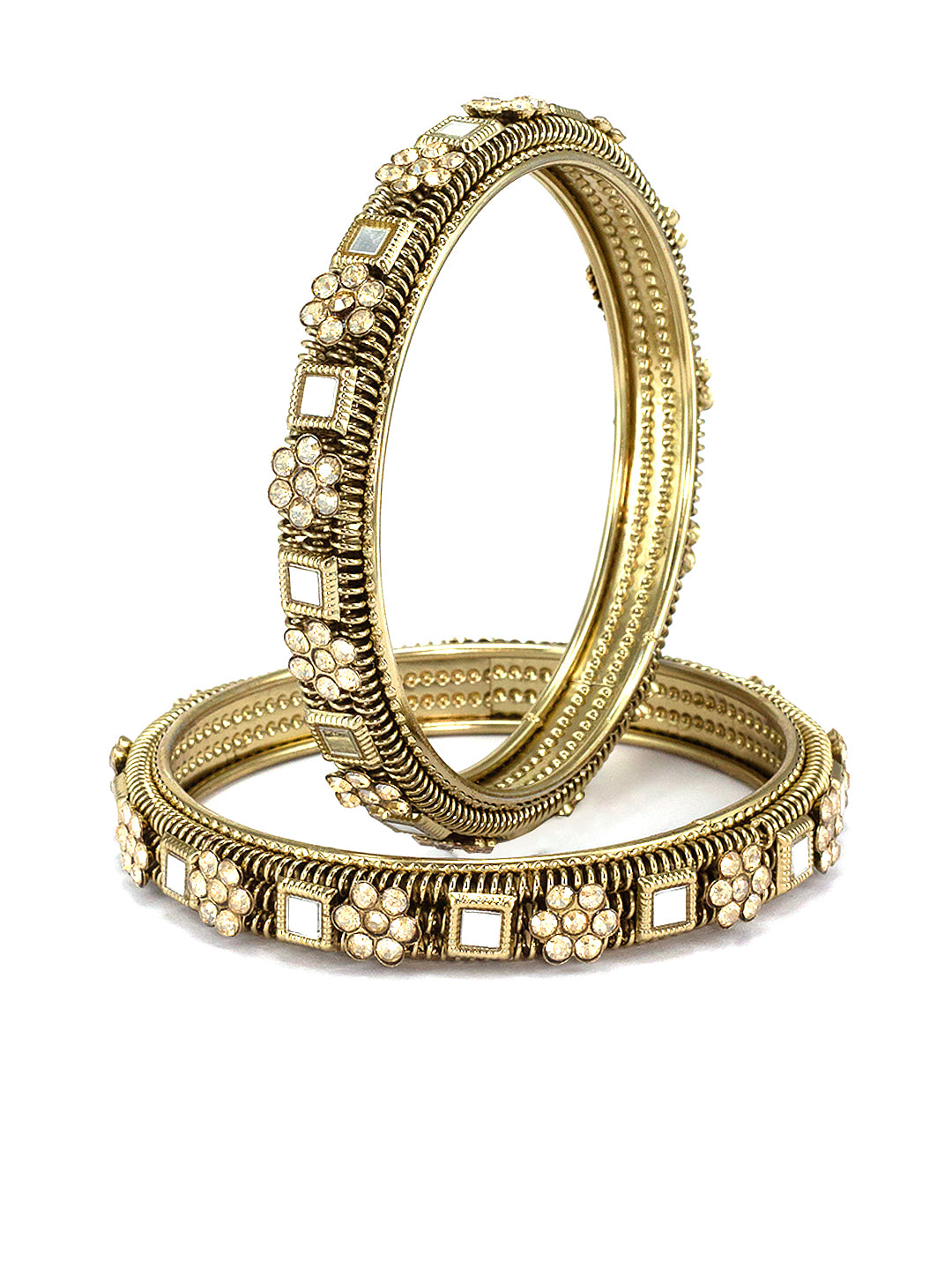 Set Of 2 Gold-Plated Mirror & Stones Studded Bangles