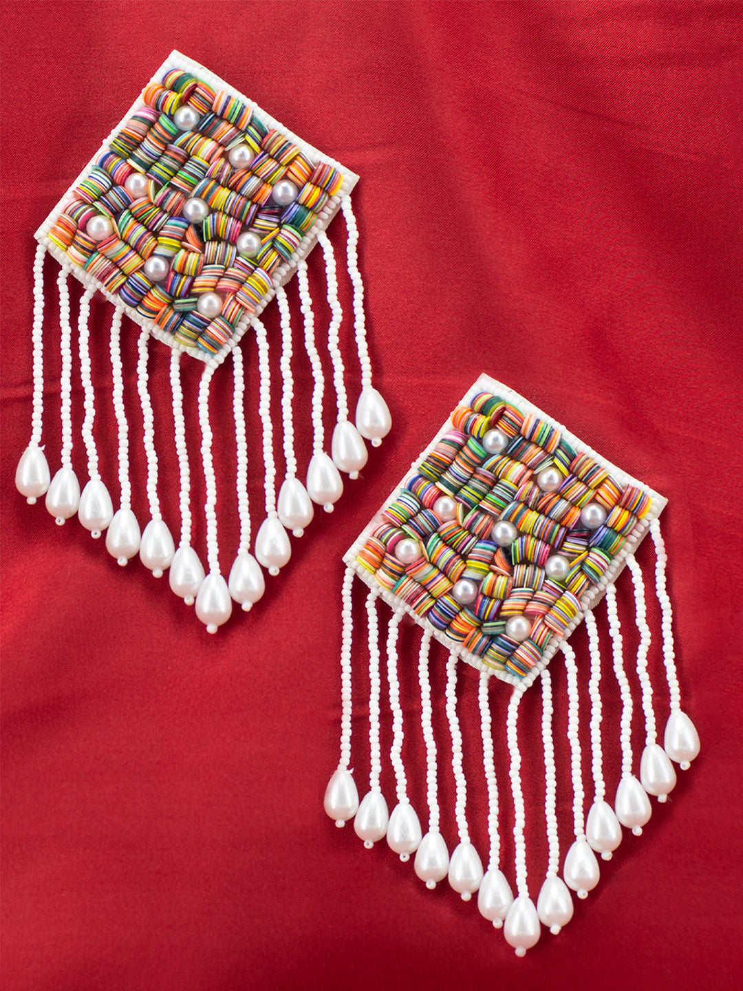 White Beaded Square Shaped Drop Earrings