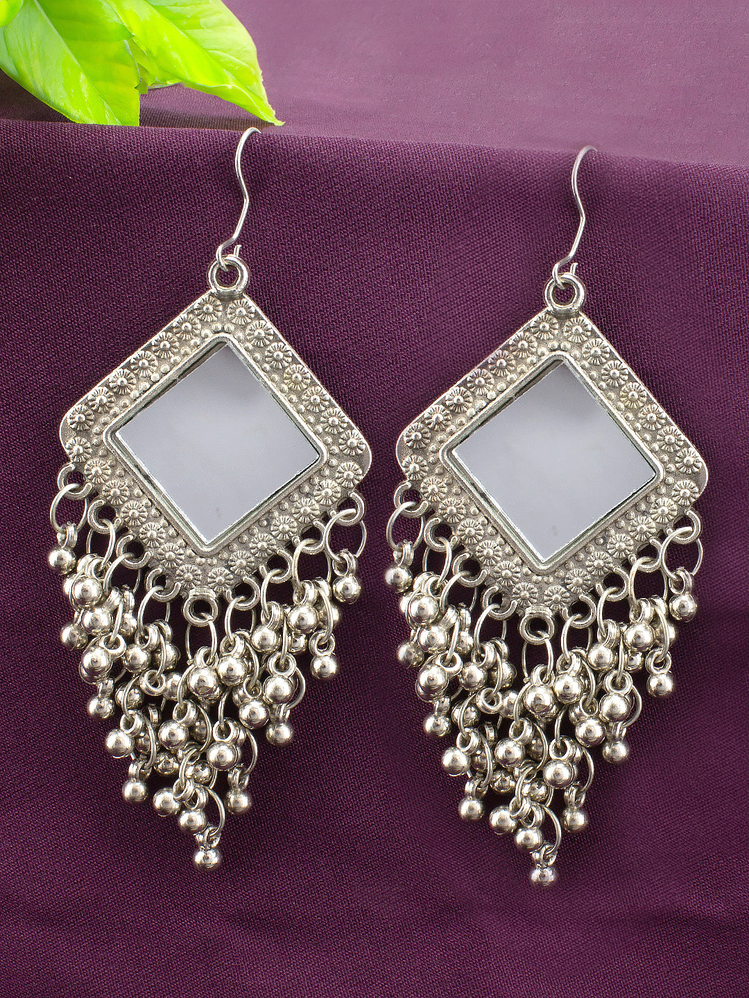 Silver Oxidised Mirror Studded Square Earrings