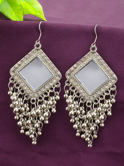 Silver Oxidised Mirror Studded Square Earrings