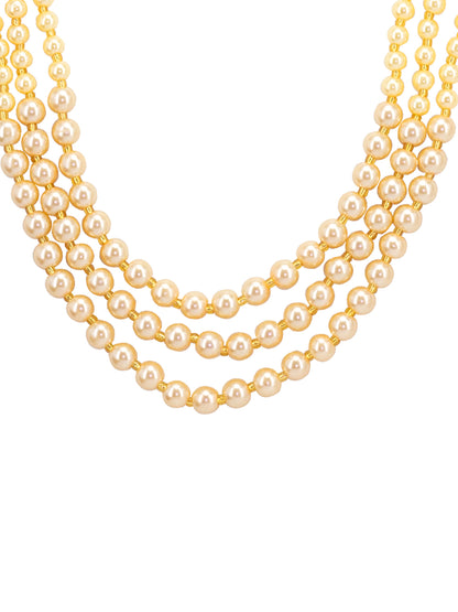 Gold-Plated Pearl-Beaded Layered Necklace & Earrings Set