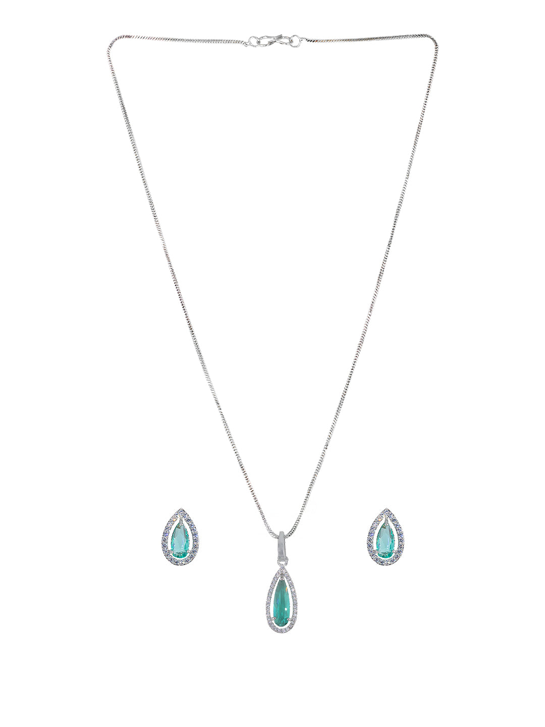 Rhodium Plated Green Drop American Diamond Trendy Pendant Set