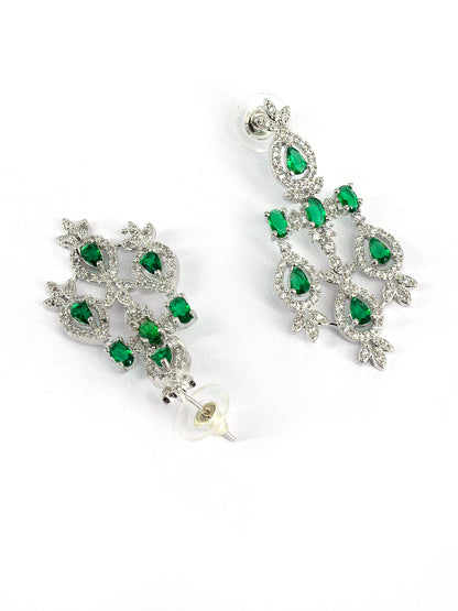 Rhodium Plated American Diamond Studded Green Jewellery Set