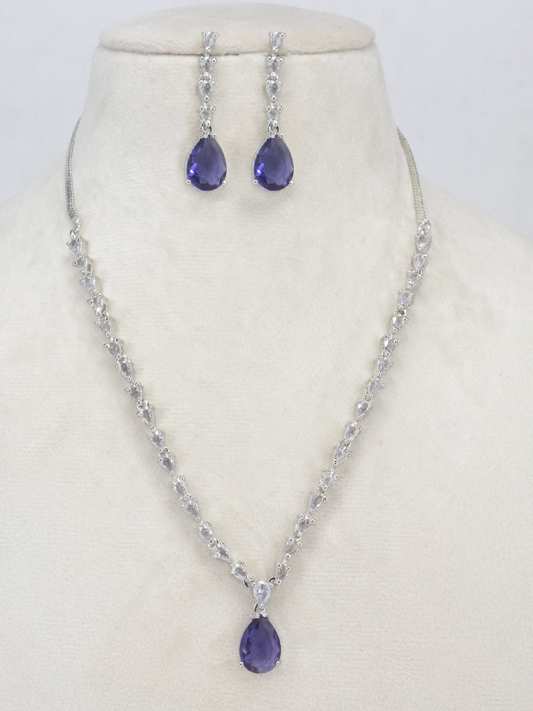 Rhodium Plated Purple American Diamond Drop Jewellery Set