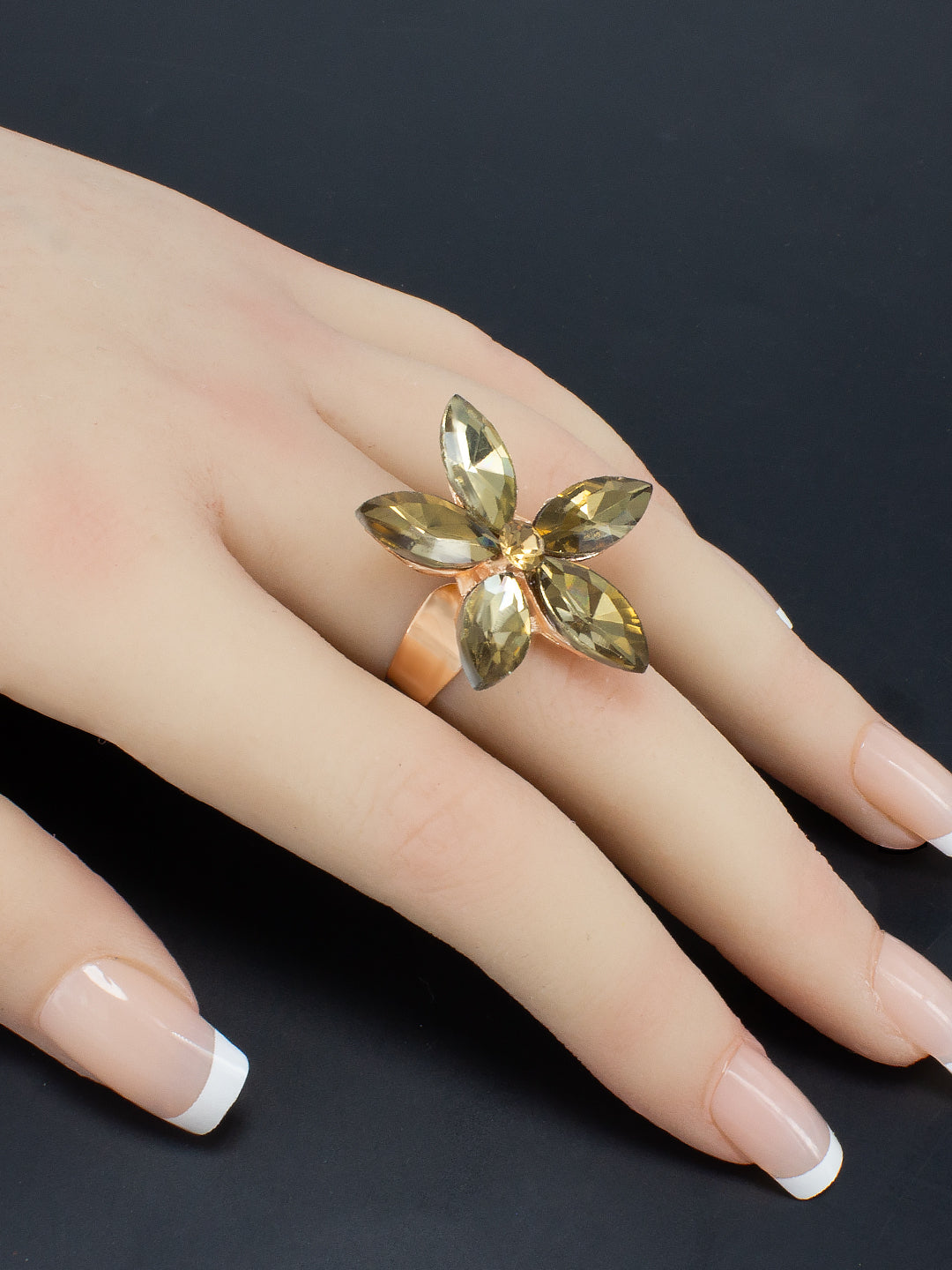 Set of 7 Rose Gold Plated Artificial Stone Floral Adjustable Finger Ring