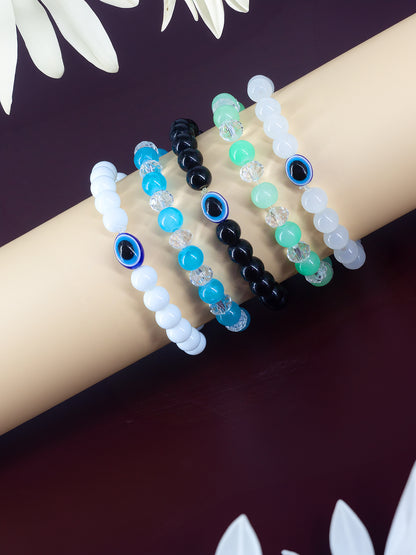 Set of Five Evil Eyes and Green & Blue Elastic Trendy Bracelets