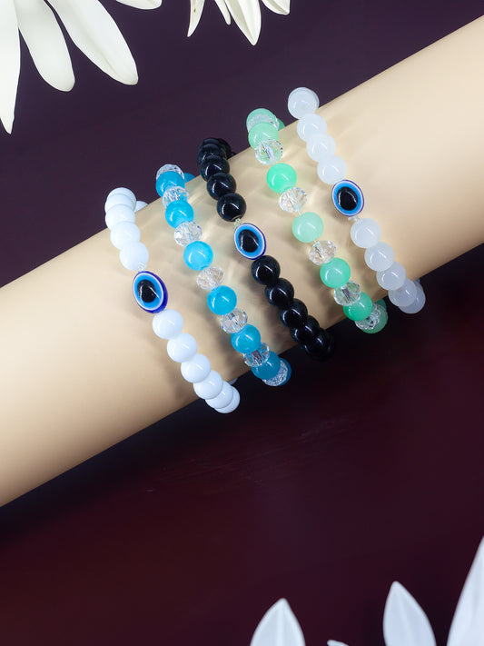 Set of Five Evil Eyes and Green & Blue Elastic Trendy Bracelets