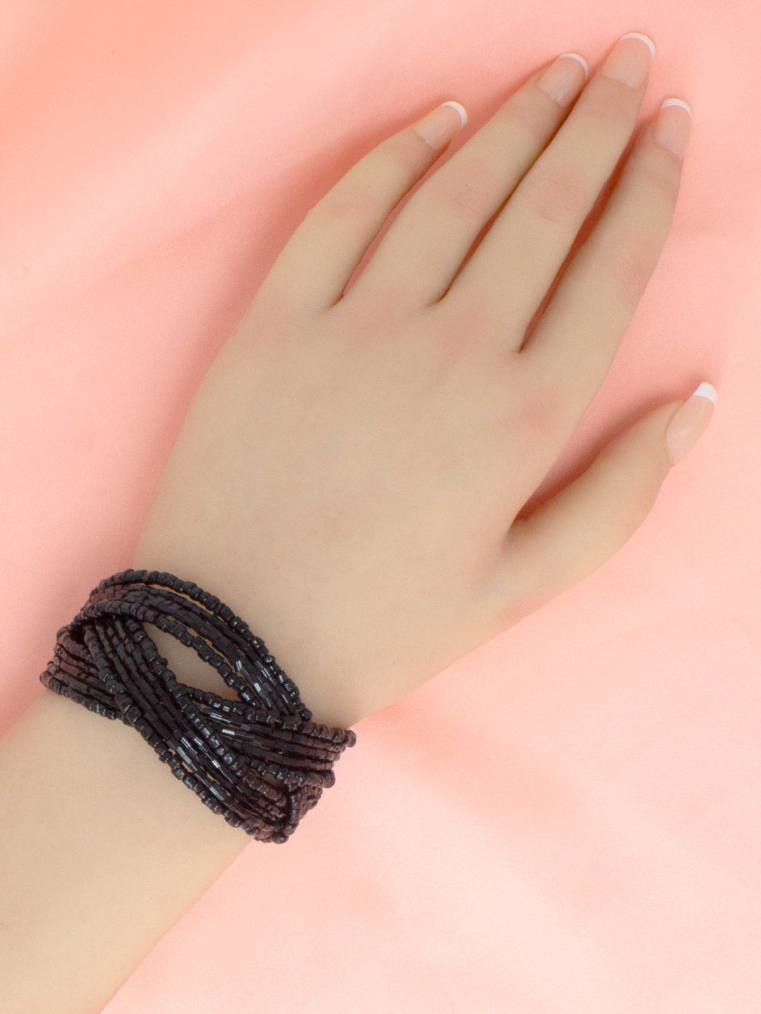 Black Beaded Cuff Bracelet For Women