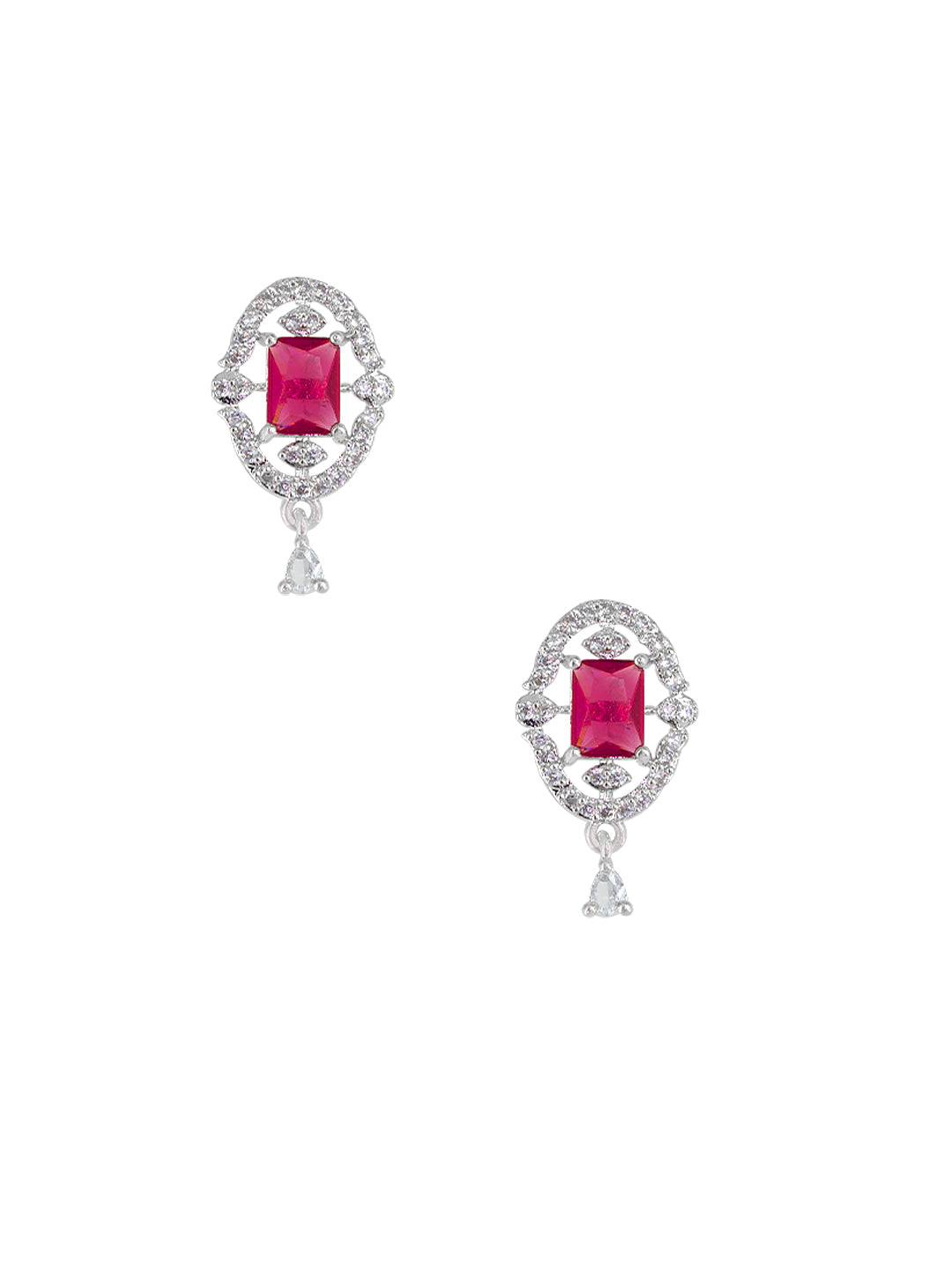 Rhodium Plated Red American Diamond Studded Pendant Set