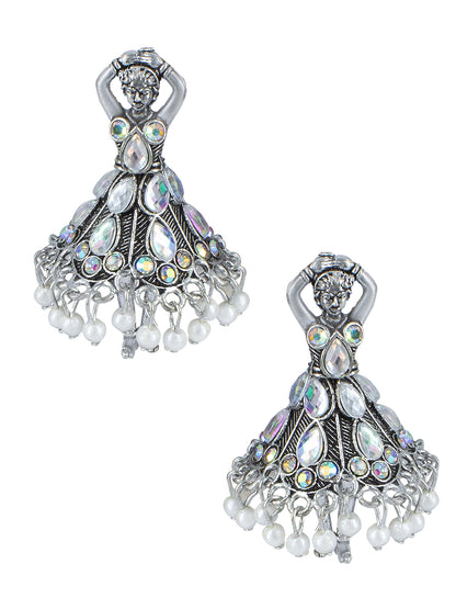 Silver Oxidised Artificial Stones & Beads Studded Jhumka Earrings