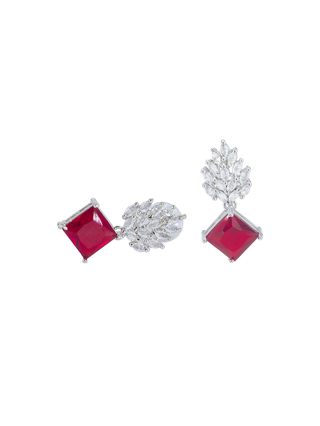 Rhodium Plated Red American Diamond Drop Earrings