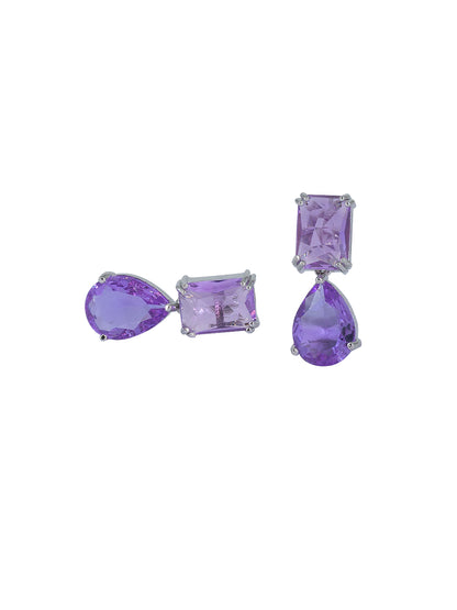 Rhodium Plated Purple American Diamond Teardrop Earrings